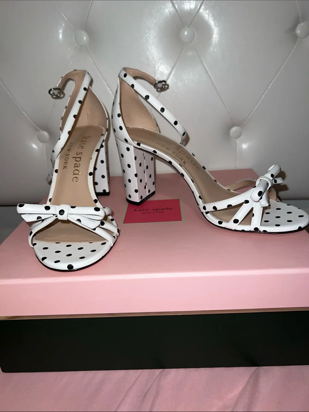 kate spade White with Black Polka Dot Bow Ankle-Strap Heels - Picture 8 of 8